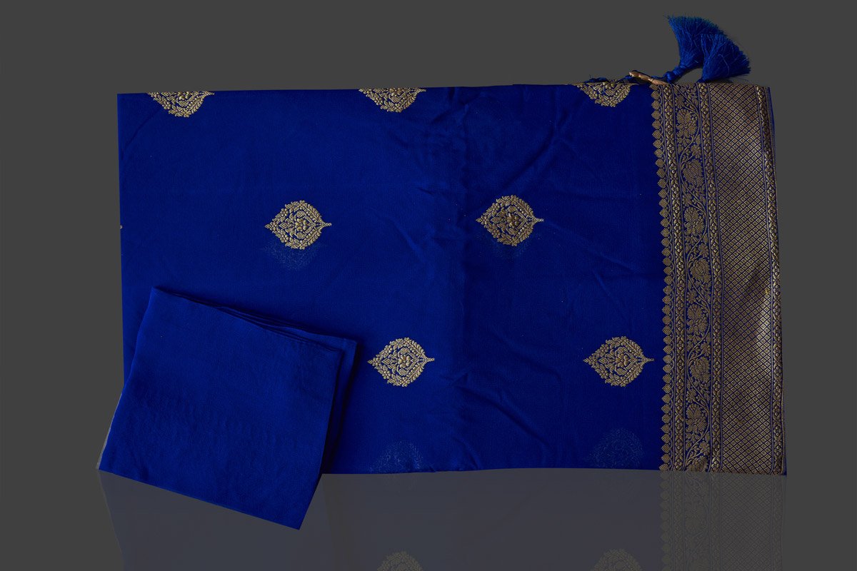 Buy gorgeous indigo blue georgette Benarasi sari online in USA with zari border. Radiate elegance with georgette sarees, Banarasi sarees, handwoven sarees from Pure Elegance Indian fashion boutique in USA. We bring a especially curated collection of ethnic sarees for Indian women in USA under one roof!-blouse