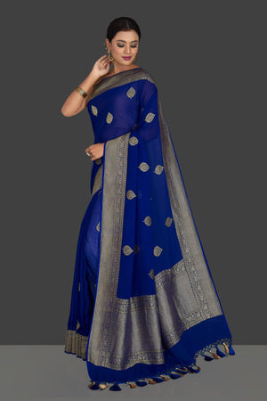 Buy gorgeous indigo blue georgette Benarasi sari online in USA with zari border. Radiate elegance with georgette sarees, Banarasi sarees, handwoven sarees from Pure Elegance Indian fashion boutique in USA. We bring a especially curated collection of ethnic sarees for Indian women in USA under one roof!-pallu