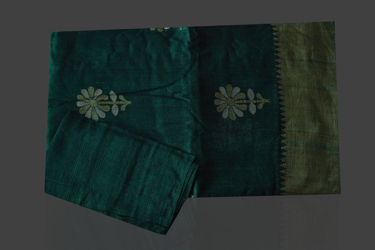 Buy elegant dark green tassar georgette Banarsi saree online in USA with flower buta. Radiate elegance with georgette sarees, Banarasi sarees, handwoven sarees from Pure Elegance Indian fashion boutique in USA. We bring a especially curated collection of ethnic sarees for Indian women in USA under one roof!-blouse