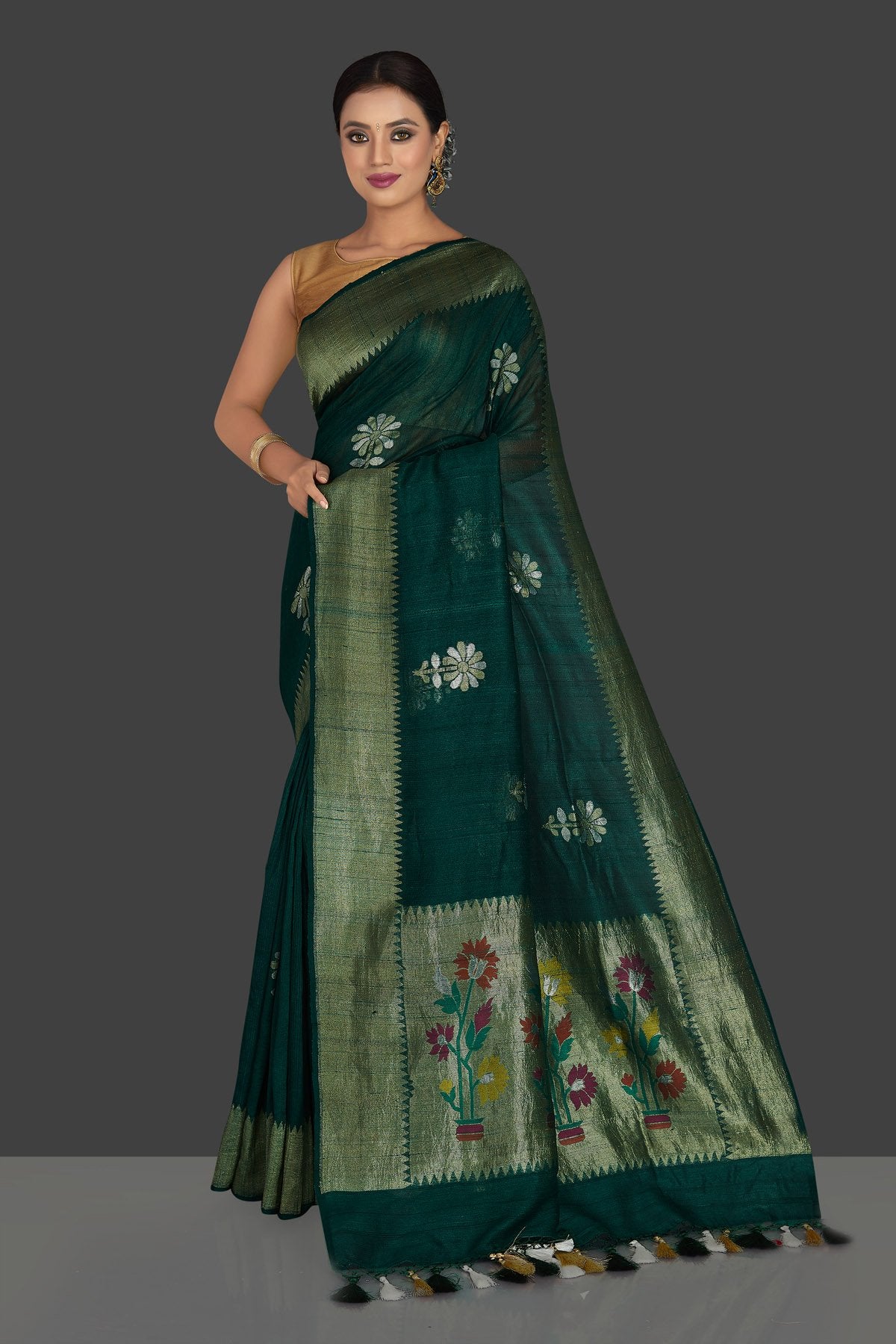Buy elegant dark green tassar georgette Banarsi saree online in USA with flower buta. Radiate elegance with georgette sarees, Banarasi sarees, handwoven sarees from Pure Elegance Indian fashion boutique in USA. We bring a especially curated collection of ethnic sarees for Indian women in USA under one roof!-full view
