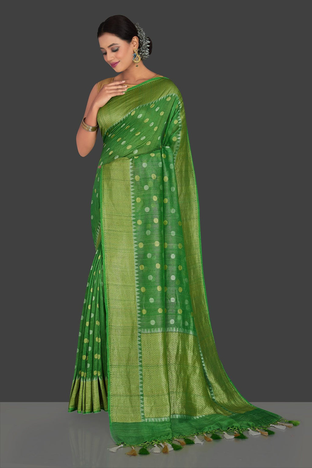 Buy beautiful light green tassar georgette Banarsi sari online in USA with zari border. Radiate elegance with georgette sarees, Banarasi sarees, handwoven sarees from Pure Elegance Indian fashion boutique in USA. We bring a especially curated collection of ethnic sarees for Indian women in USA under one roof!-full view