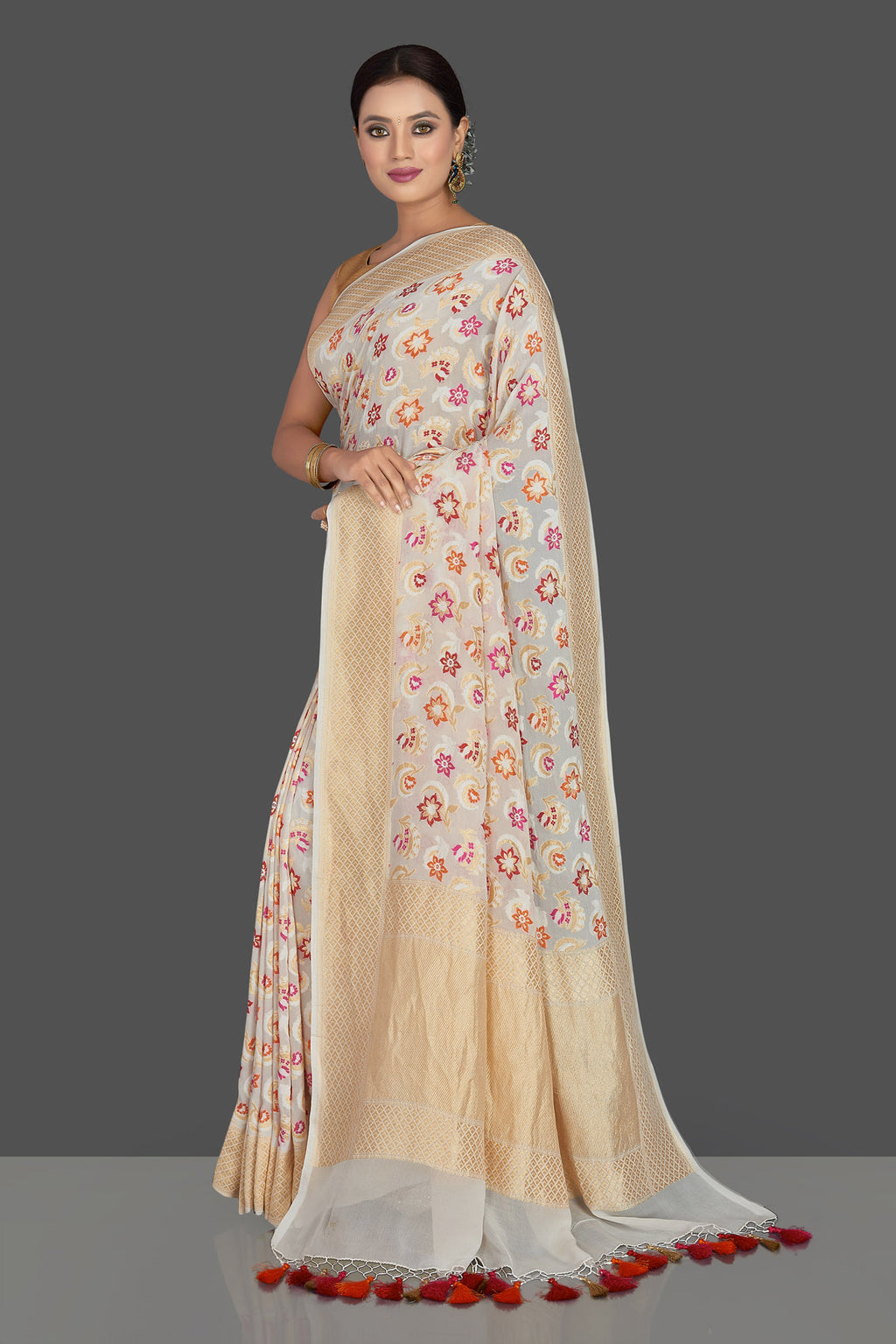 90J943-RO Cream Georgette Banarsi Sari with Zari Minakari Floral Work