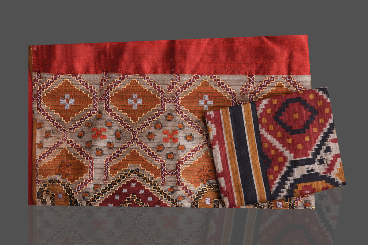 Buy beautiful brick red Kantha work raw silk sari online in USA. Shop beautiful silk sarees, hand embroidered saris, georgette sarees, designer sarees in USA from Pure Elegance Indian fashion store in USA. Shop online now.-blouse