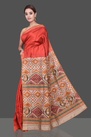 Buy beautiful brick red Kantha work raw silk sari online in USA. Shop beautiful silk sarees, hand embroidered saris, georgette sarees, designer sarees in USA from Pure Elegance Indian fashion store in USA. Shop online now.-pallu