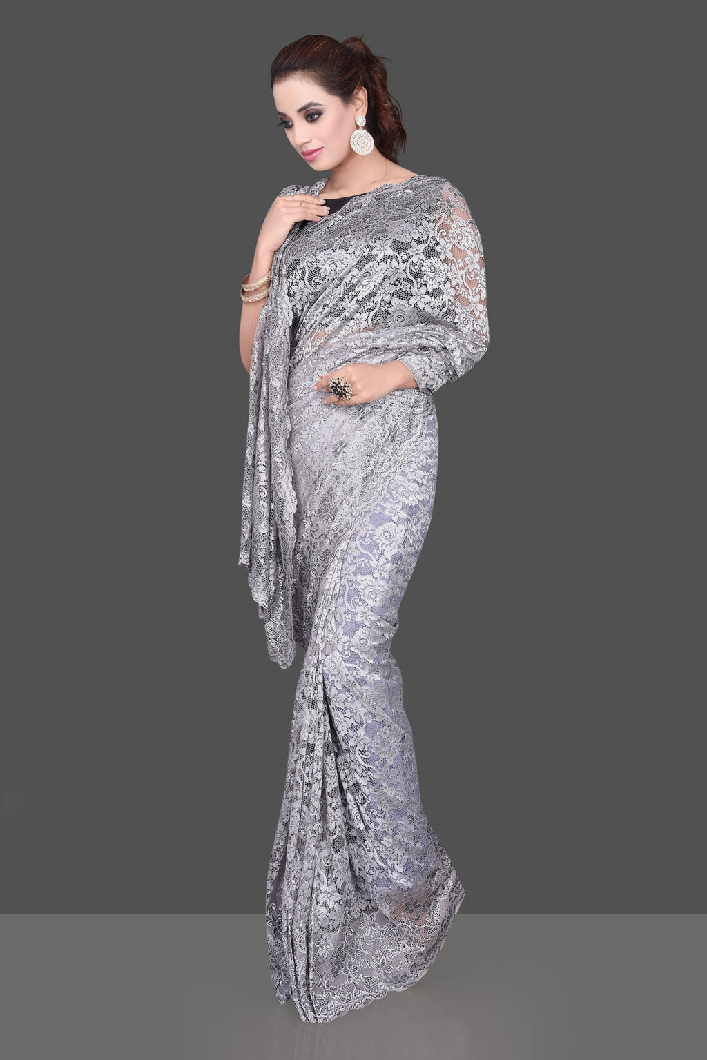 Shop beautiful light grey stone work designer lace saree online in USA. Be the talk of the parties and special occasions with stunning embroidered sarees, designer saris, pure silk sarees, fancy sarees from Pure Elegance Indian fashion store in USA.-full view