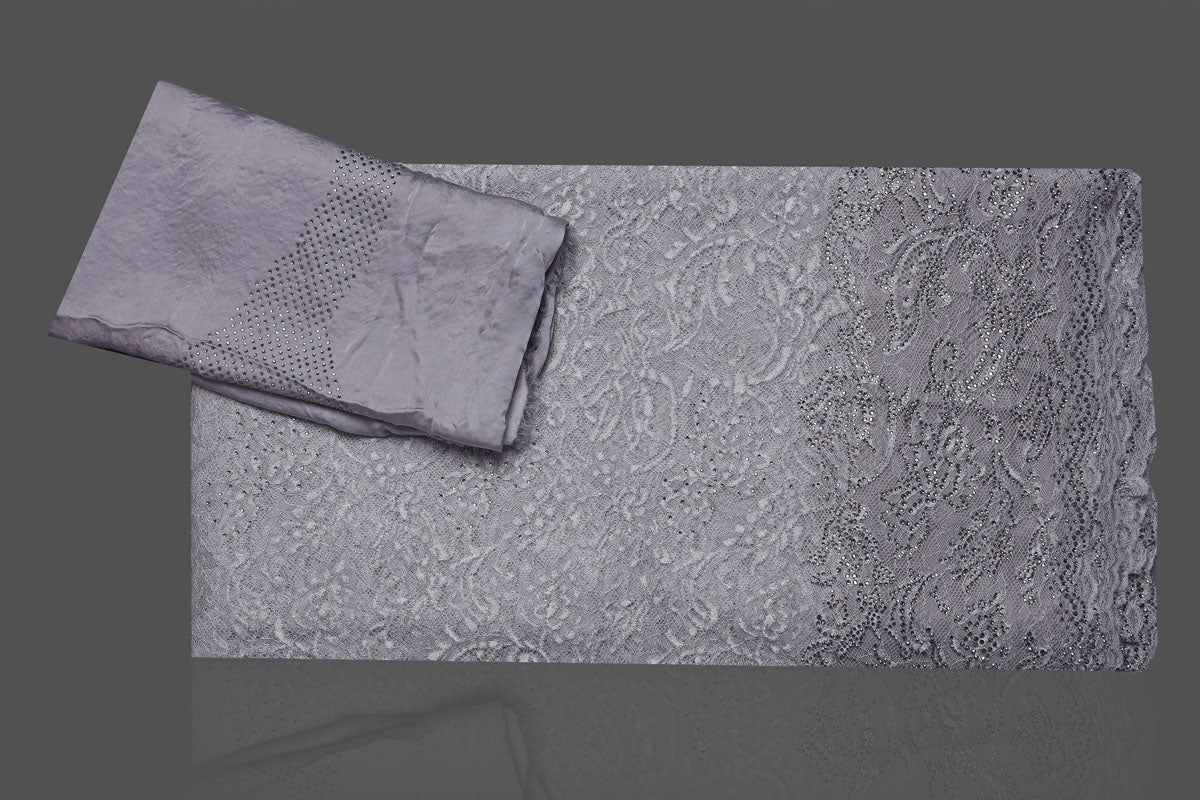Shop beautiful light grey stone work designer lace saree online in USA. Be the talk of the parties and special occasions with stunning embroidered sarees, designer saris, pure silk sarees, fancy sarees from Pure Elegance Indian fashion store in USA.-blouse