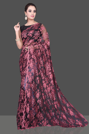 Shop gorgeous pink stone work designer lace saree online in USA. Be the talk of the parties and special occasions with stunning embroidered sarees, designer saris, pure silk sarees, fancy sarees from Pure Elegance Indian fashion store in USA.-pallu