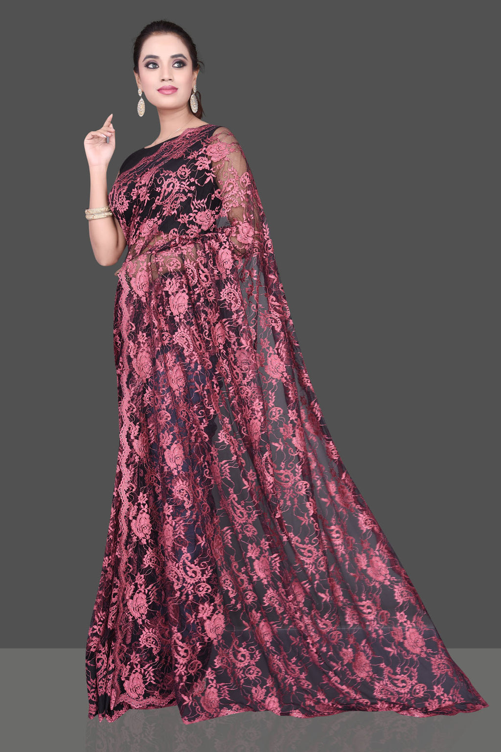 Shop gorgeous pink stone work designer lace saree online in USA. Be the talk of the parties and special occasions with stunning embroidered sarees, designer saris, pure silk sarees, fancy sarees from Pure Elegance Indian fashion store in USA.-full view