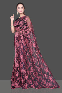 Shop gorgeous pink stone work designer lace saree online in USA. Be the talk of the parties and special occasions with stunning embroidered sarees, designer saris, pure silk sarees, fancy sarees from Pure Elegance Indian fashion store in USA.-full view