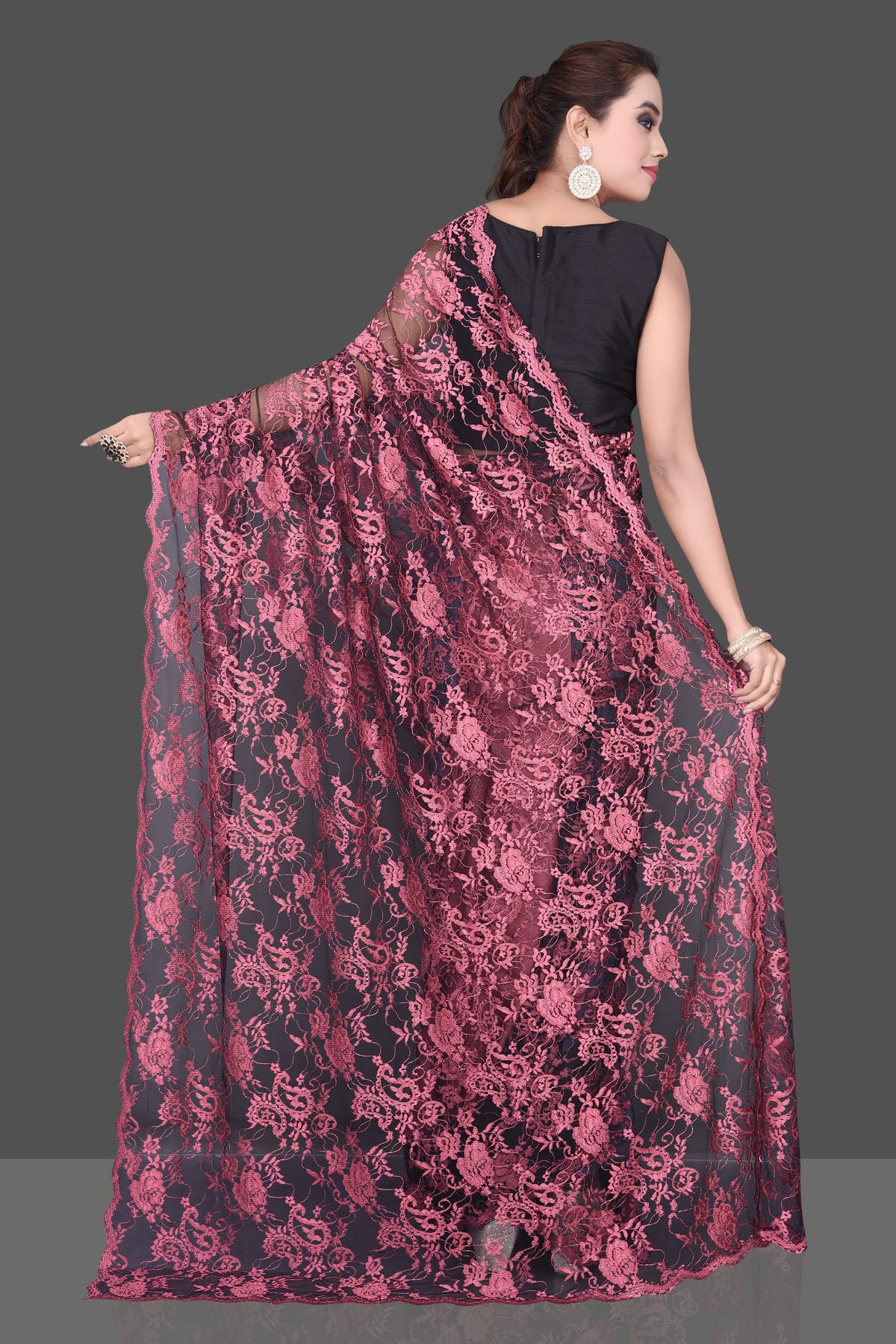Shop gorgeous pink stone work designer lace saree online in USA. Be the talk of the parties and special occasions with stunning embroidered sarees, designer saris, pure silk sarees, fancy sarees from Pure Elegance Indian fashion store in USA.-back