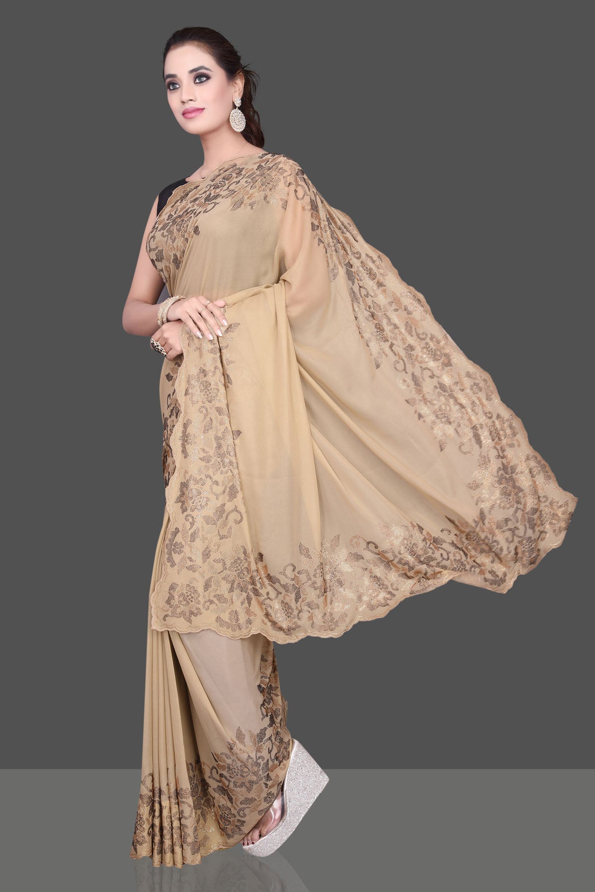 Shop stunning beige color stone work georgette saree online in USA. Be the talk of the parties and special occasions with stunning embroidered sarees, designer sarees, pure silk saris, Bollywood sarees from Pure Elegance Indian fashion store in USA.-pallu