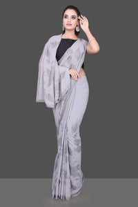 Shop gorgeous grey stone work georgette saree online in USA. Be the talk of the parties and special occasions with stunning embroidered sarees, designer sarees, pure silk saris, Bollywood sarees from Pure Elegance Indian fashion store in USA.-full view