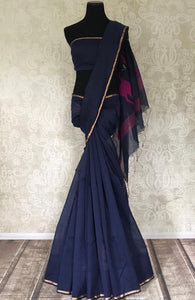 Shop gorgeous blue cotton silk saree online in USA with weave pallu. Shop handowoven silk sarees, designer saris, linen sarees, embroidered sarees in USA from Pure Elegance Indian saree store in USA.-full view