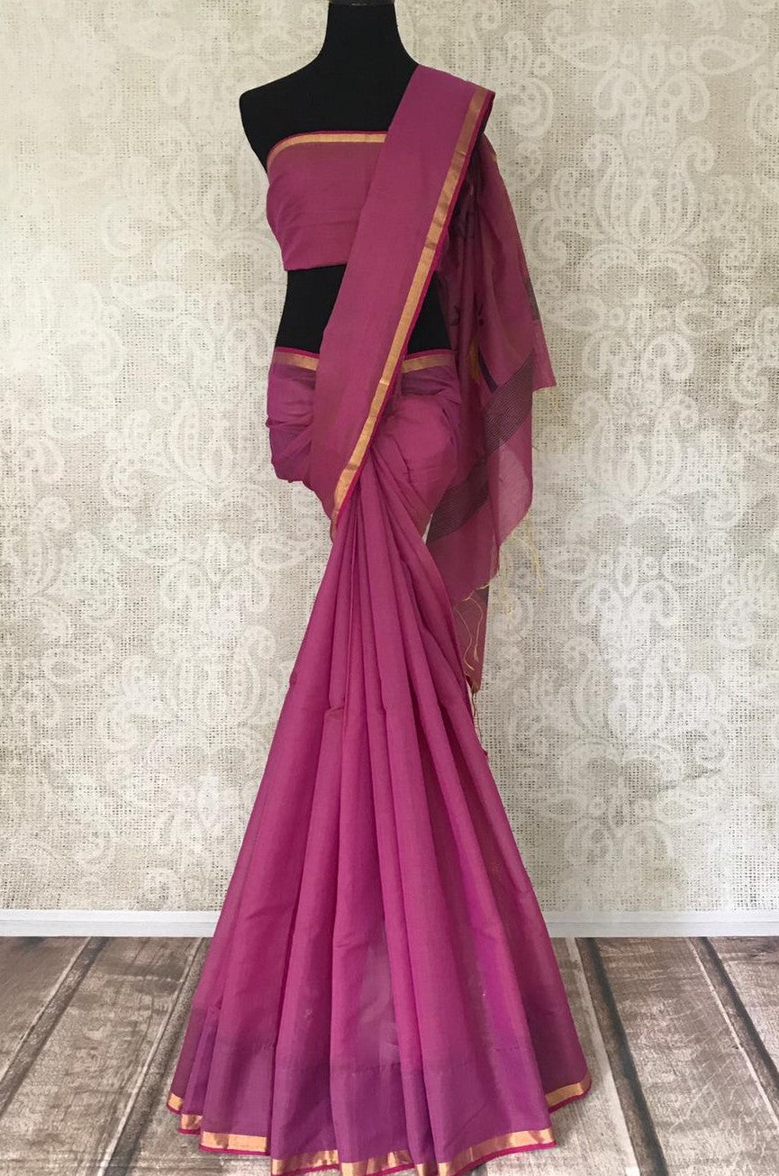 Shop stunning pink cotton silk saree online in USA with weave pallu. Shop handowoven silk sarees, designer saris, linen sarees, embroidered sarees in USA from Pure Elegance Indian saree store in USA.-full view