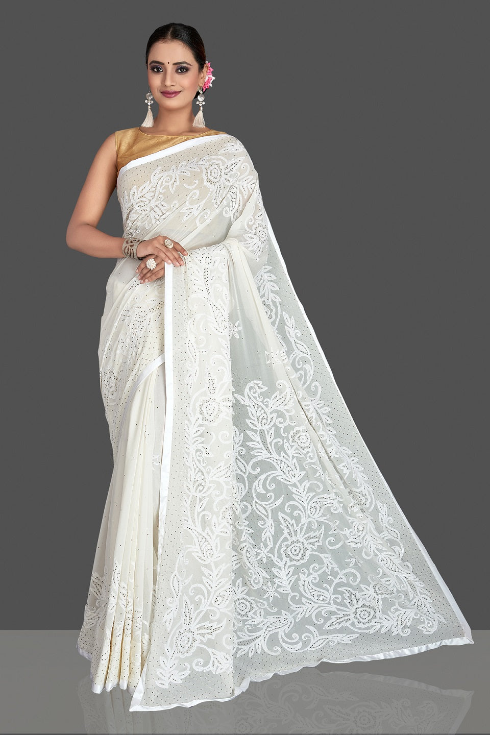 Buy stunning off-white Lucknowi chikankari georgette saree online in USA. Flaunt your sartorial choice with beautiful embroidered sarees, handwoven saris, georgette sarees, pure silk sarees from Pure Elegance Indian saree store in USA.-full view