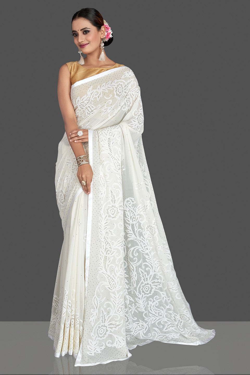 Buy stunning off-white Lucknowi chikankari georgette saree online in USA. Flaunt your sartorial choice with beautiful embroidered sarees, handwoven saris, georgette sarees, pure silk sarees from Pure Elegance Indian saree store in USA.-pallu