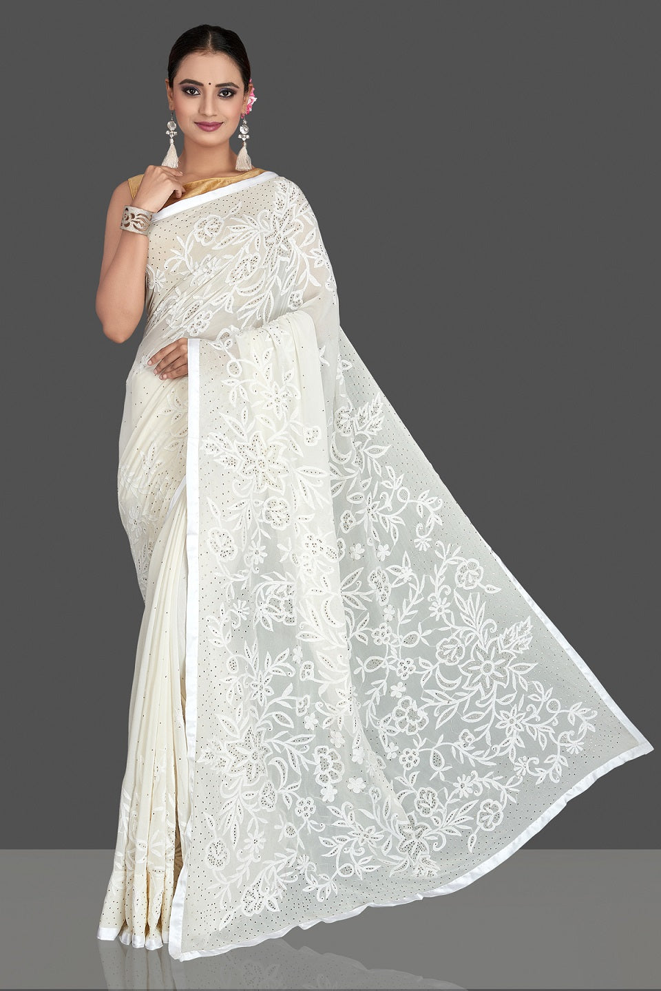 Shop beautiful off-white Lucknowi chikankari georgette sari online in USA. Flaunt your sartorial choice with beautiful embroidered sarees, handwoven sarees, georgette sarees, pure silk sarees from Pure Elegance Indian saree store in USA.-full view