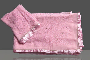Buy gorgeous light pink Lucknowi chikankari work georgette saree online in USA. Flaunt your sartorial choice with beautiful embroidered sarees, handwoven sarees, georgette sarees, pure silk sarees from Pure Elegance Indian saree store in USA.-blouse