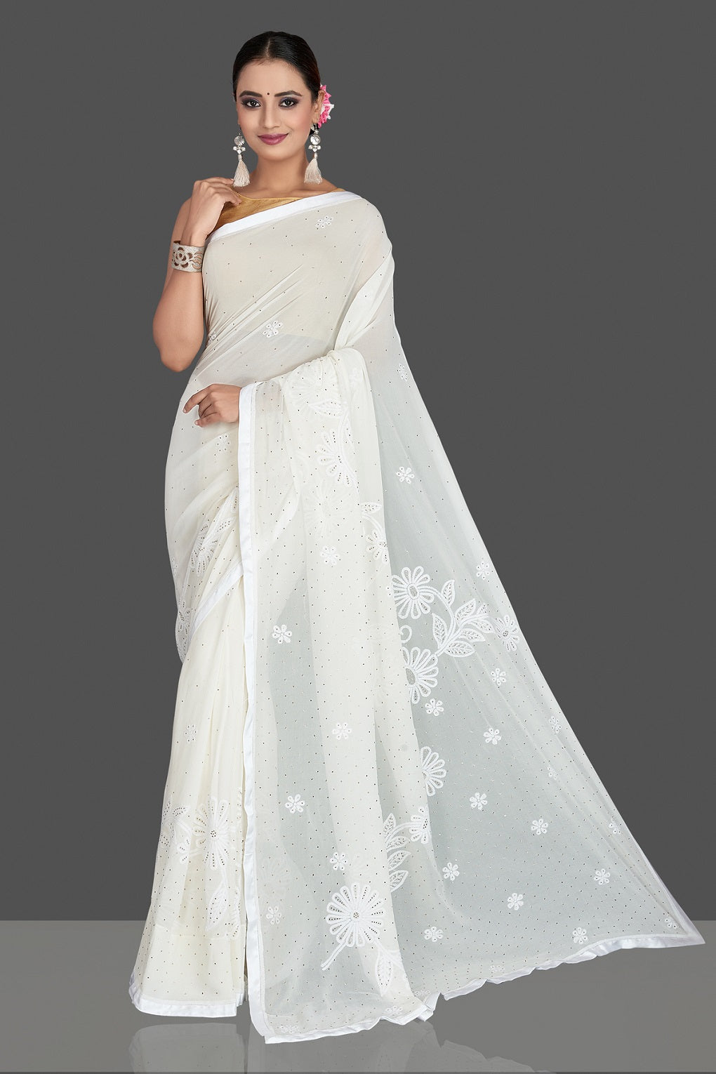 Shop elegant white Lucknowi chikankari work georgette saree online in USA. Flaunt your sartorial choice with beautiful embroidered saris, handwoven sarees, georgette sarees, pure silk sarees from Pure Elegance Indian saree store in USA.-full view