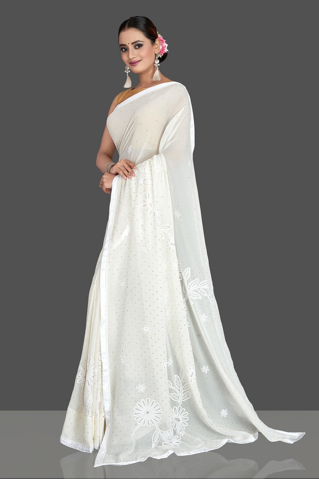 Shop elegant white Lucknowi chikankari work georgette saree online in USA. Flaunt your sartorial choice with beautiful embroidered saris, handwoven sarees, georgette sarees, pure silk sarees from Pure Elegance Indian saree store in USA.-side