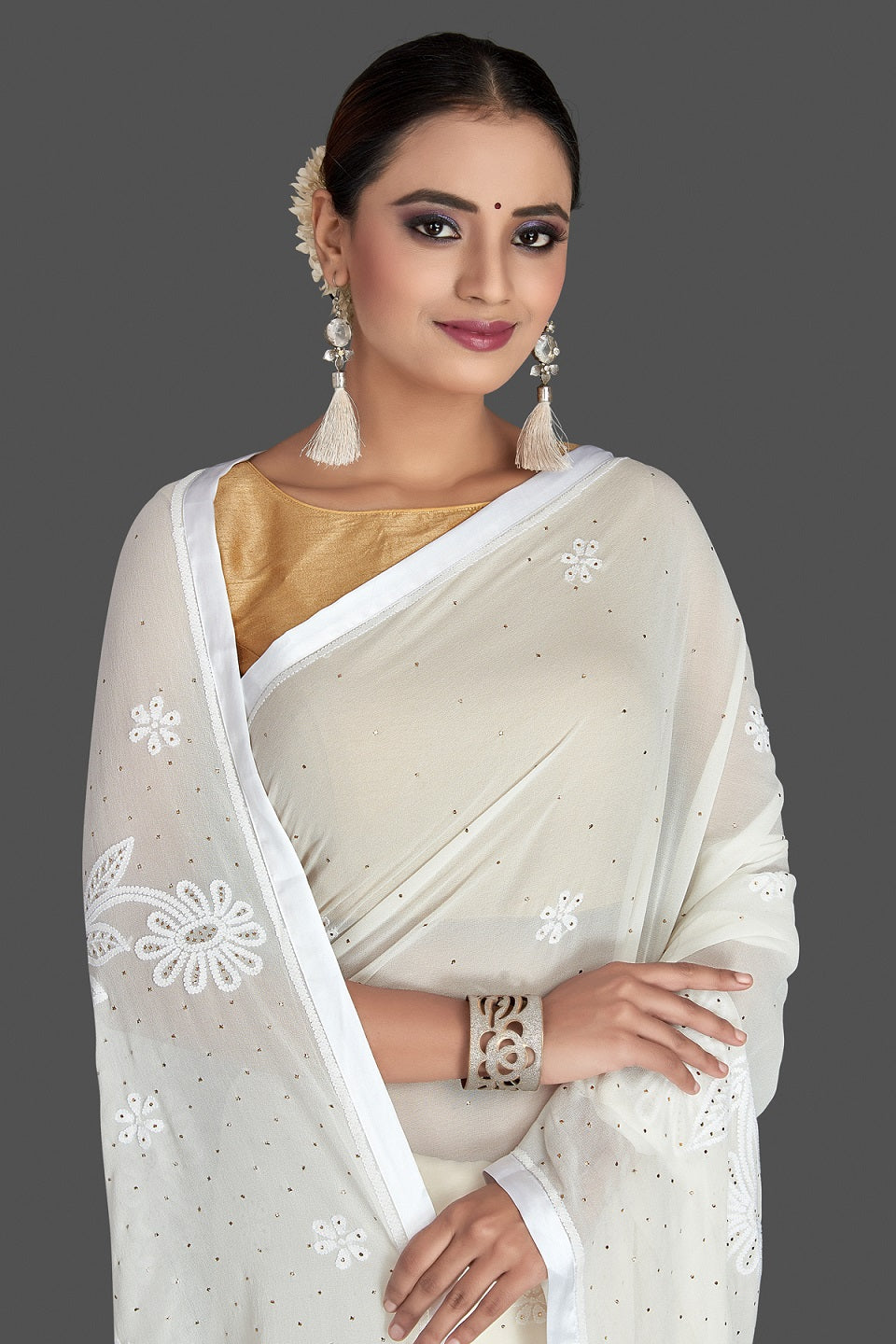 Shop elegant white Lucknowi chikankari work georgette saree online in USA. Flaunt your sartorial choice with beautiful embroidered saris, handwoven sarees, georgette sarees, pure silk sarees from Pure Elegance Indian saree store in USA.-closeup