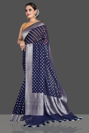 Buy beautiful dark blue georgette Banarasi saree online in USA with silver zari border and buta. Elevate your traditional style with beautiful Banarasi sarees, designer sarees, pure silk sarees, handwoven saris from Pure Elegance Indian saree store in USA.-pallu