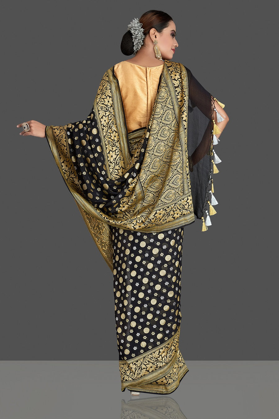Buy beautiful black georgette Banarasi saree online in USA with golden zari work. Elevate your traditional style with beautiful Banarasi sarees, designer sarees, pure silk sarees, handwoven saris from Pure Elegance Indian saree store in USA.-back