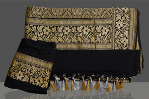 Buy beautiful black georgette Banarasi saree online in USA with golden zari work. Elevate your traditional style with beautiful Banarasi sarees, designer sarees, pure silk sarees, handwoven saris from Pure Elegance Indian saree store in USA.-blouse