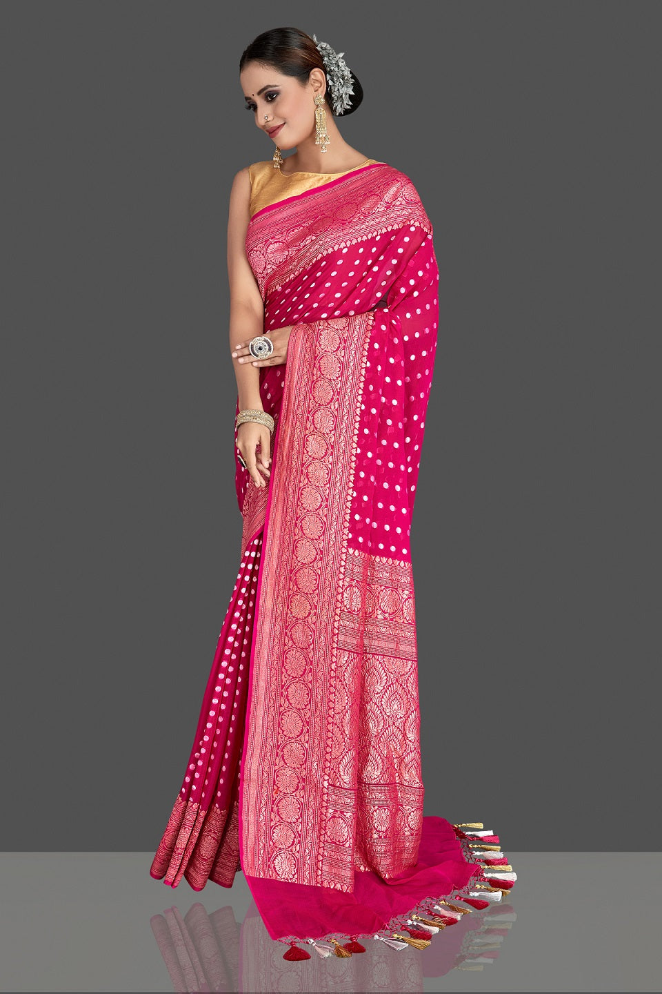 Buy attractive pink georgette Banarasi saree online in USA with silver zari border. Elevate your traditional style with beautiful Banarasi sarees, designer sarees, pure silk sarees, handwoven saris from Pure Elegance Indian saree store in USA.-full view