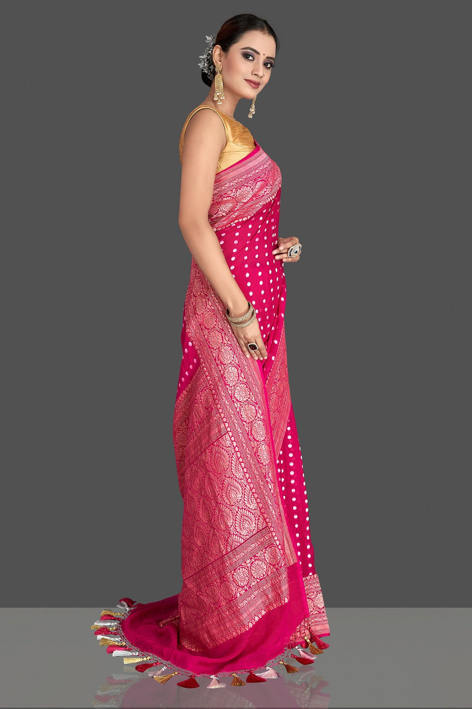 Buy attractive pink georgette Banarasi saree online in USA with silver zari border. Elevate your traditional style with beautiful Banarasi sarees, designer sarees, pure silk sarees, handwoven saris from Pure Elegance Indian saree store in USA.-side