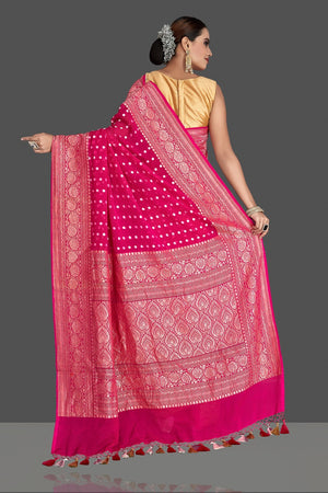 Buy attractive pink georgette Banarasi saree online in USA with silver zari border. Elevate your traditional style with beautiful Banarasi sarees, designer sarees, pure silk sarees, handwoven saris from Pure Elegance Indian saree store in USA.-back