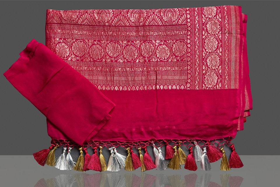 Buy attractive pink georgette Banarasi saree online in USA with silver zari border. Elevate your traditional style with beautiful Banarasi sarees, designer sarees, pure silk sarees, handwoven saris from Pure Elegance Indian saree store in USA.-blouse