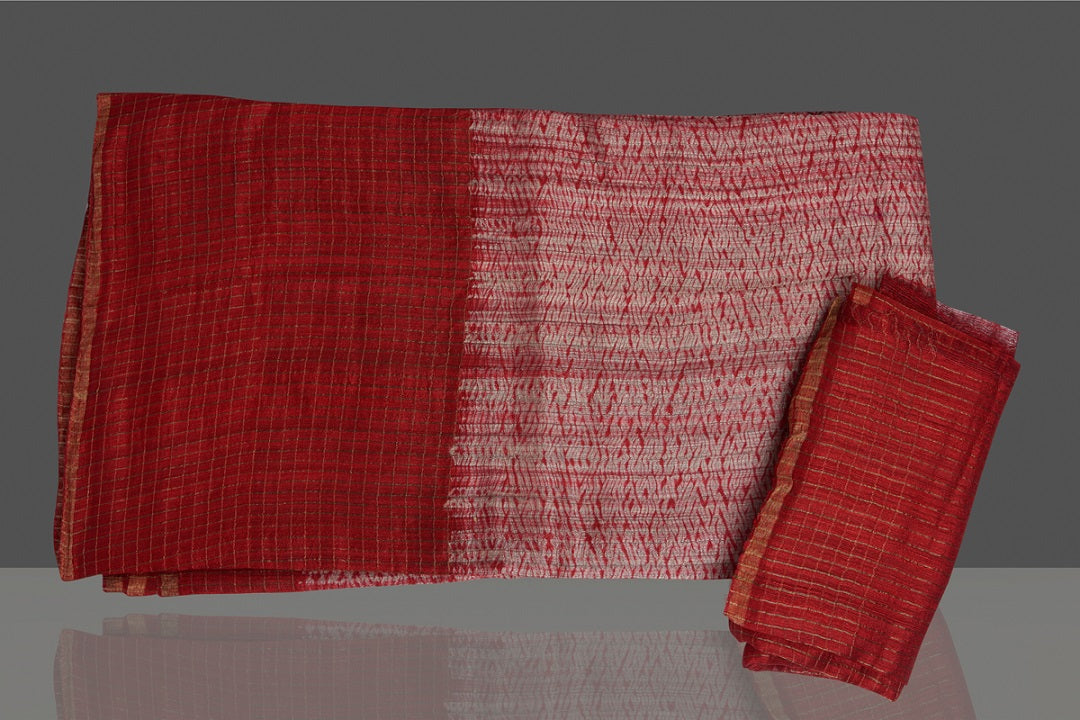 Buy stunning pink and red matka shibori saree online in USA with check zari border. Flaunt Indian fashion in USA with a stunning collection of handwoven sarees, cotton sarees, pure silk sarees, printed saris in USA from Pure Elegance Indian saree store in USA.-blouse