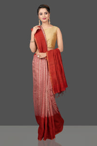 Buy stunning pink and red matka shibori saree online in USA with check zari border. Flaunt Indian fashion in USA with a stunning collection of handwoven sarees, cotton sarees, pure silk sarees, printed saris in USA from Pure Elegance Indian saree store in USA.-full view
