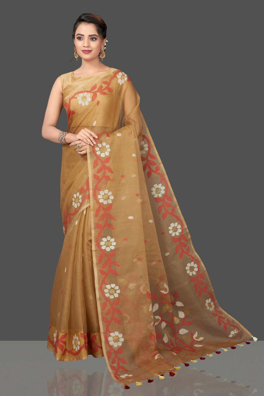 Buy gorgeous beige resham Jamdani sari online in USA. Flaunt Indian fashion in USA with a stunning collection of handwoven sarees, cotton saris, pure silk sarees, printed saris in USA from Pure Elegance Indian saree store in USA.-full view