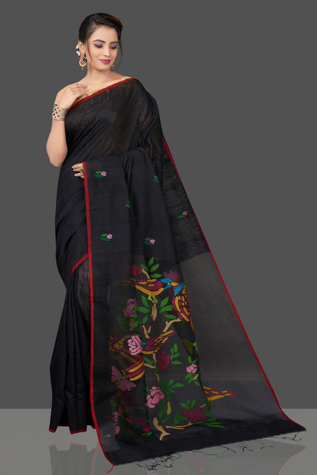 Shop stunning black matka sari online in USA with bird design pallu. Flaunt Indian fashion in USA with a stunning collection of handwoven sarees, cotton saris, pure silk sarees, printed saris in USA from Pure Elegance Indian saree store in USA.-full view