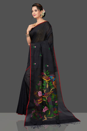 Shop stunning black matka sari online in USA with bird design pallu. Flaunt Indian fashion in USA with a stunning collection of handwoven sarees, cotton saris, pure silk sarees, printed saris in USA from Pure Elegance Indian saree store in USA.-pallu