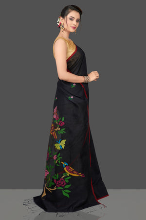 Shop stunning black matka sari online in USA with bird design pallu. Flaunt Indian fashion in USA with a stunning collection of handwoven sarees, cotton saris, pure silk sarees, printed saris in USA from Pure Elegance Indian saree store in USA.-side