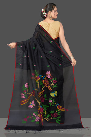Shop stunning black matka sari online in USA with bird design pallu. Flaunt Indian fashion in USA with a stunning collection of handwoven sarees, cotton saris, pure silk sarees, printed saris in USA from Pure Elegance Indian saree store in USA.-back