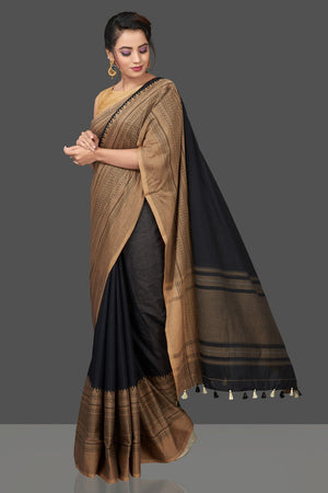 Shop gorgeous black cotton sari online in USA with beige weave border. Flaunt Indian fashion in USA with a stunning collection of handwoven sarees, cotton saris, pure silk sarees, printed saris in USA from Pure Elegance Indian saree store in USA.-pallu