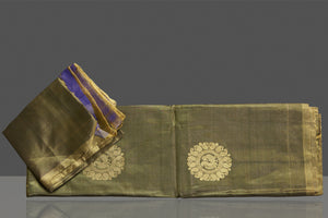 Buy gorgeous olive green handloom borderless Kanjivaram silk saree online in USA with golden zari buta. Be the center of attraction at weddings and festive occasions in the stunning handwoven silk sarees, Kanchipuram silk sarees, zari work sarees, Banarasi sarees from Pure Elegance Indian saree store in USA.-blouse