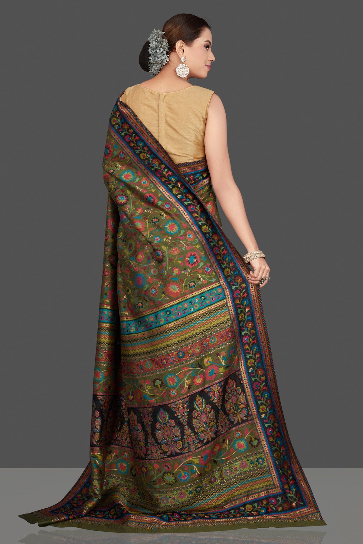 90K588-RO Olive Green Silk Saree with Kani Embroidery