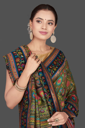 Buy stunning olive green silk saree online in USA with Kani embroidery. Get ready on festive occasions and weddings with beautiful designer sarees, embroidered sarees, handwoven sarees from Pure Elegance Indian clothing store in USA.-closeup