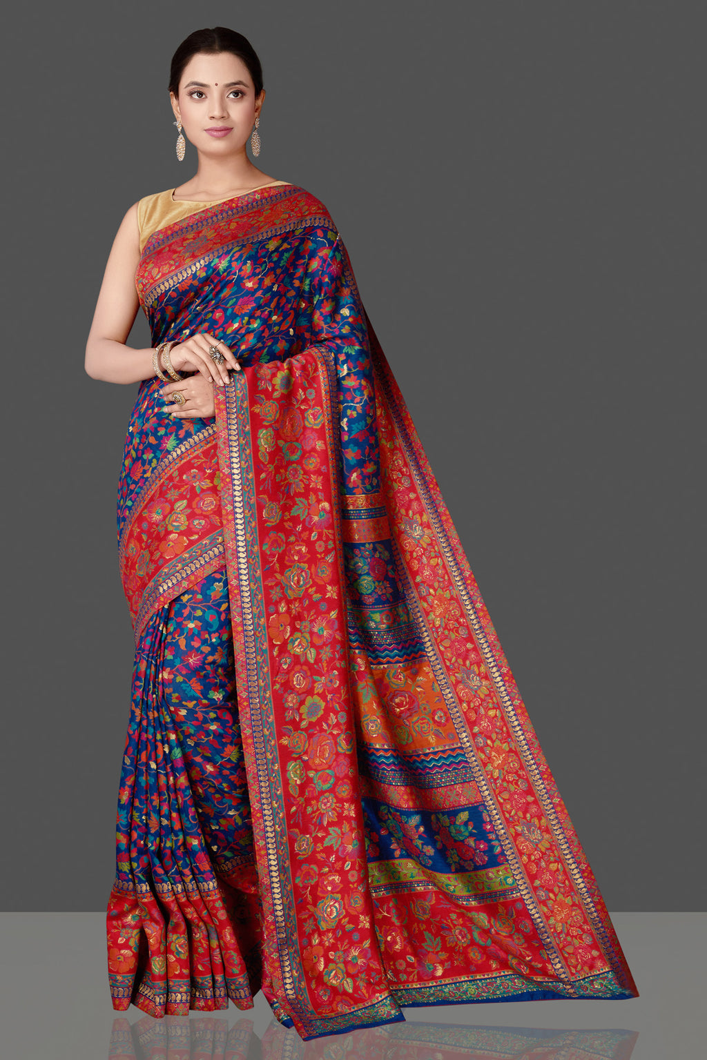 Buy gorgeous blue multi print silk saree online in USA with Kani embroidery. Get ready for festive occasions and weddings in tasteful designer sarees, Banarasi sarees, handwoven sarees from Pure Elegance Indian clothing store in USA.-full view