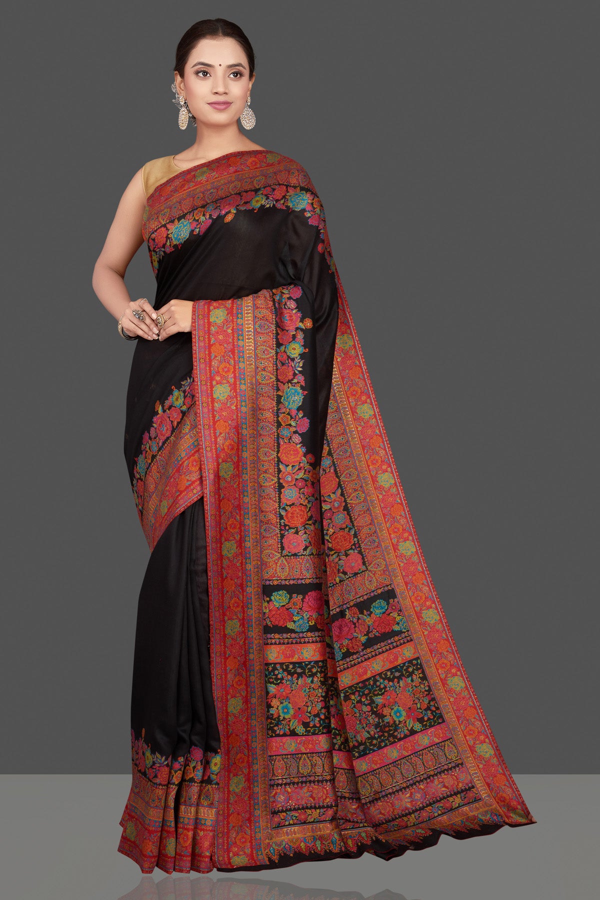 Buy stunning black tussar muga silk saree online in USA with Kani embroidery border. Get ready for festive occasions and weddings in tasteful designer sarees, Banarasi sarees, handwoven sarees from Pure Elegance Indian clothing store in USA.-full view