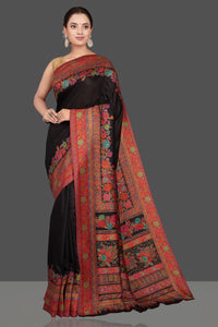 Buy stunning black tussar muga silk saree online in USA with Kani embroidery border. Get ready for festive occasions and weddings in tasteful designer sarees, Banarasi sarees, handwoven sarees from Pure Elegance Indian clothing store in USA.-full view