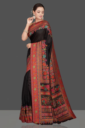Buy stunning black tussar muga silk saree online in USA with Kani embroidery border. Get ready for festive occasions and weddings in tasteful designer sarees, Banarasi sarees, handwoven sarees from Pure Elegance Indian clothing store in USA.-side