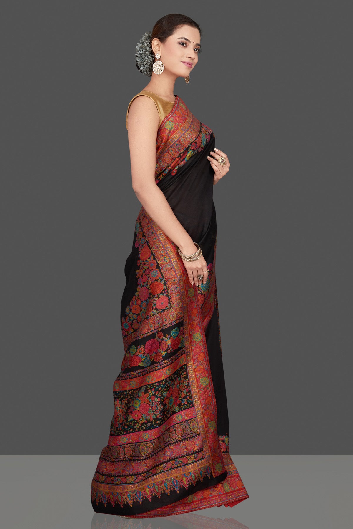 Buy stunning black tussar muga silk saree online in USA with Kani embroidery border. Get ready for festive occasions and weddings in tasteful designer sarees, Banarasi sarees, handwoven sarees from Pure Elegance Indian clothing store in USA.-right