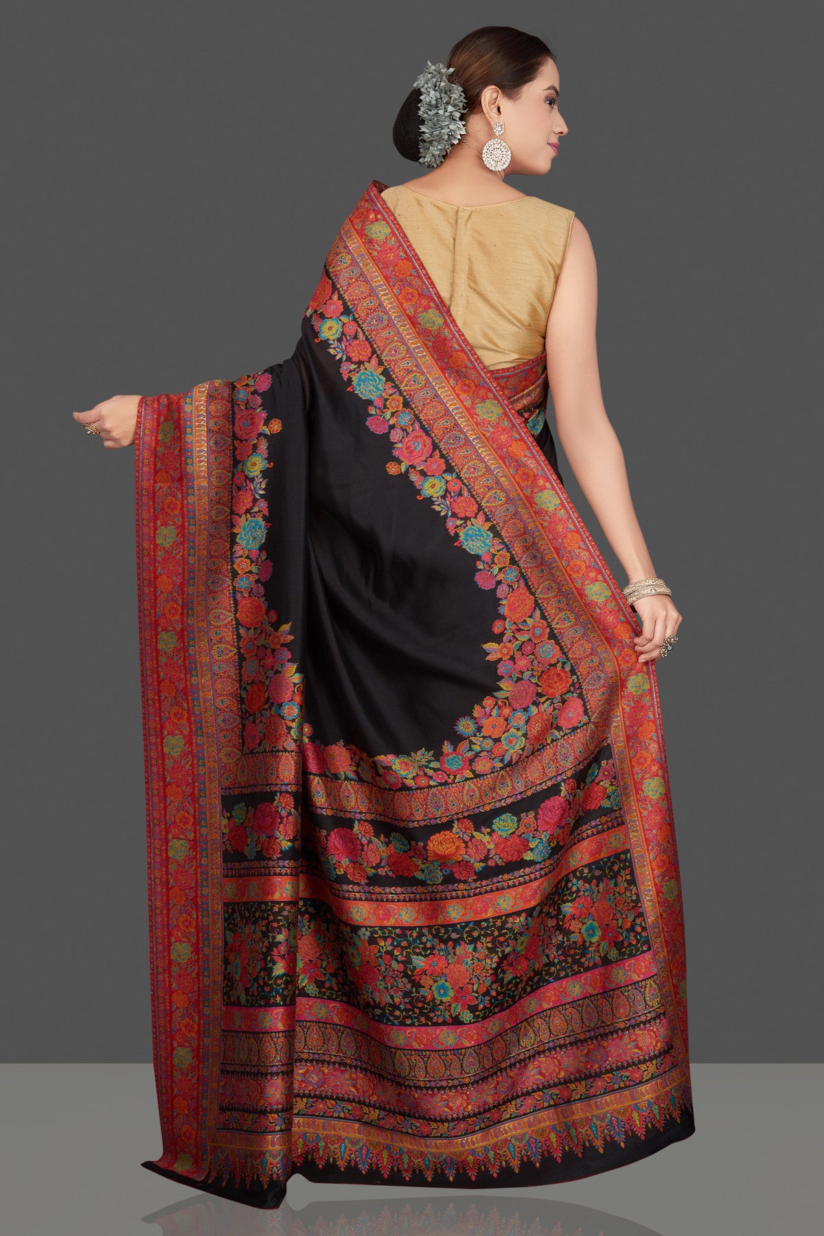 Buy stunning black tussar muga silk saree online in USA with Kani embroidery border. Get ready for festive occasions and weddings in tasteful designer sarees, Banarasi sarees, handwoven sarees from Pure Elegance Indian clothing store in USA.-back