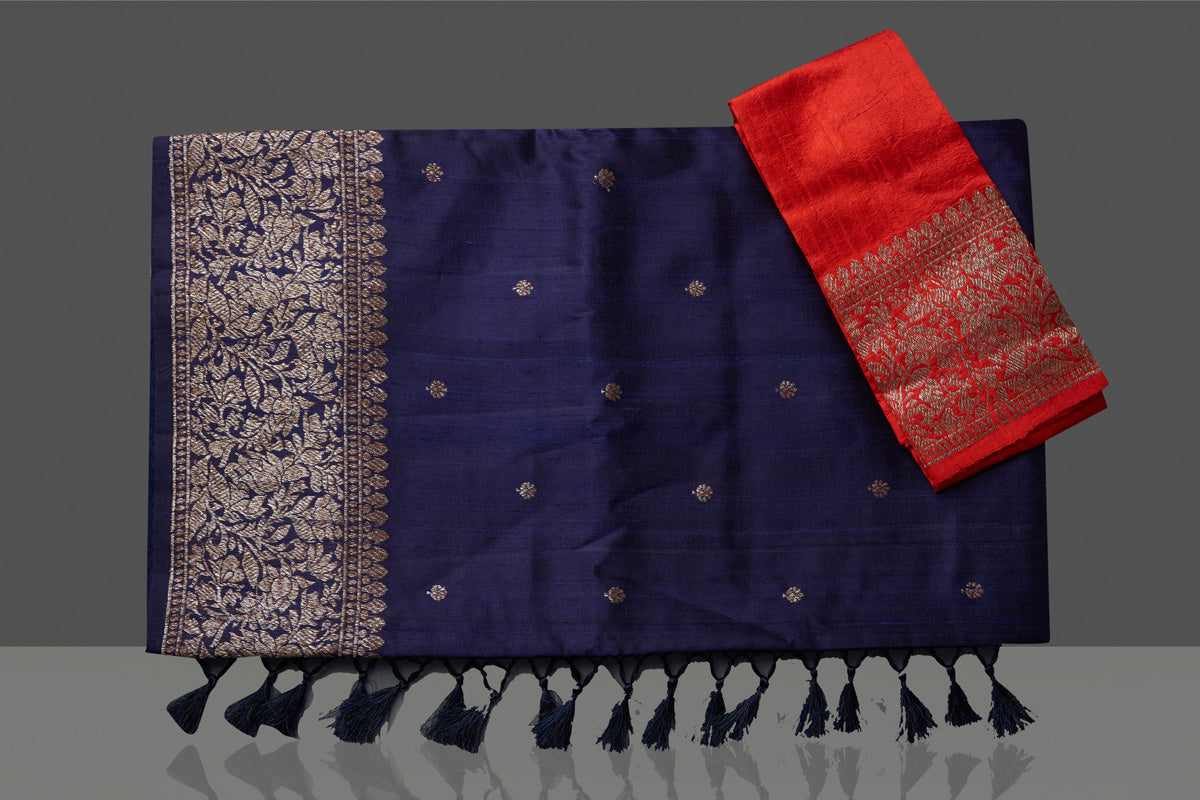 Buy beautiful navy tussar Banarasi saree online in USA with antique zari border. Go for stunning Indian designer sarees, georgette sarees, handwoven saris, embroidered sarees for festive occasions and weddings from Pure Elegance Indian clothing store in USA.-blouse